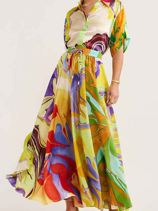 Loose Asymmetric Printed Lapel Blouse + A-Line Drawstring Elasticity Skirt Two Pieces Set