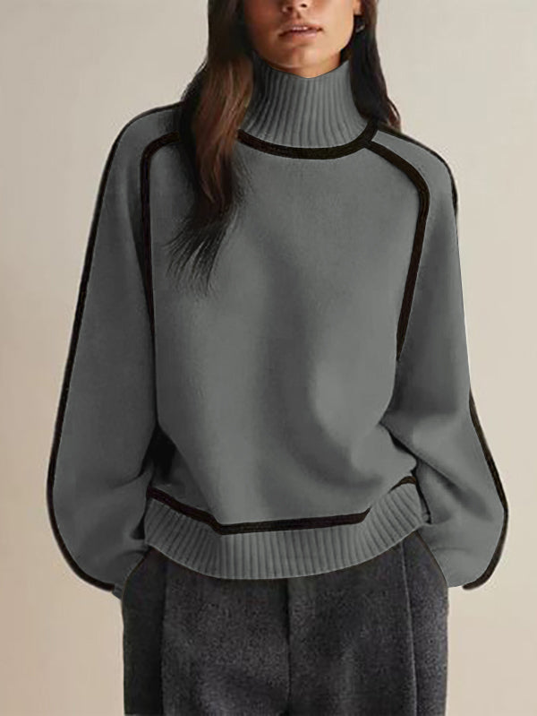 Long Sleeves Loose Contrast Color Split-Joint High Neck Pullovers Sweater Tops