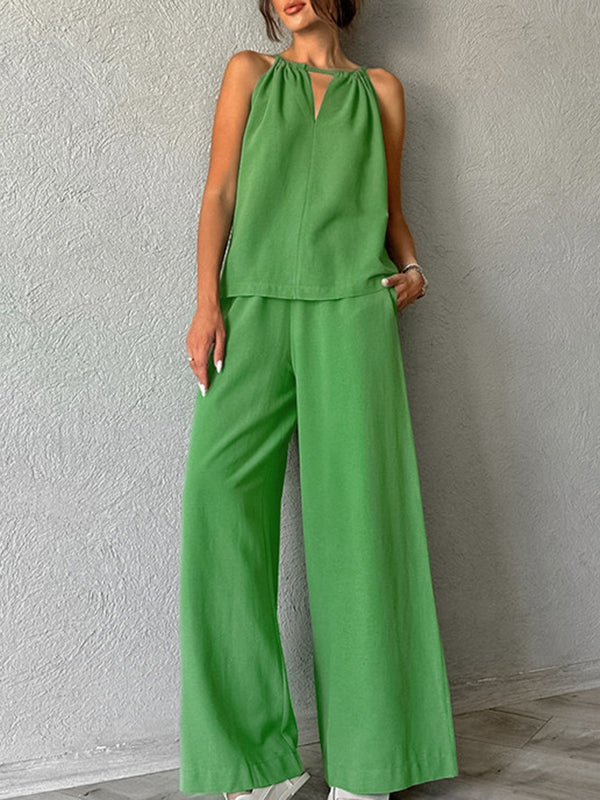 Loose Hollow Split-Joint Halter-Neck Vest + Elasticity High Waisted Pants Trousers Two Pieces Set