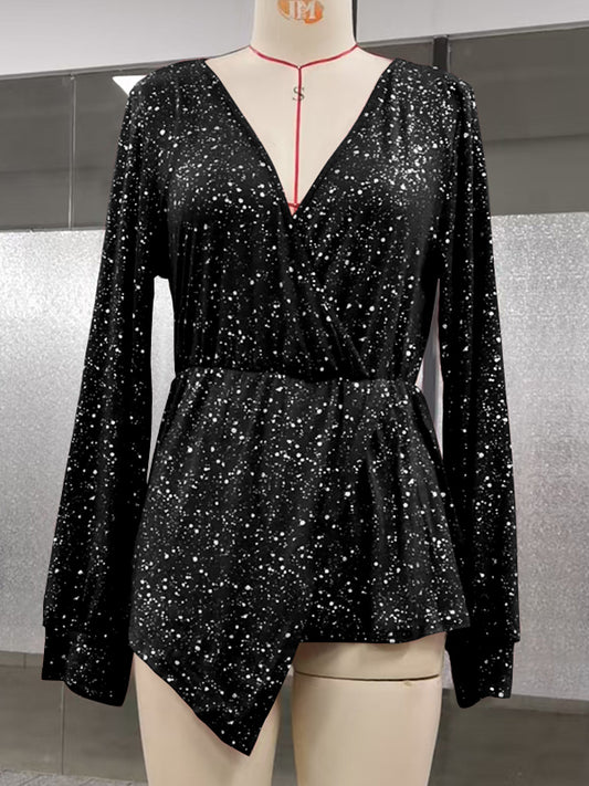 Long Sleeves Loose Asymmetric Pleated Printed V-Neck Blouses&Shirts Tops