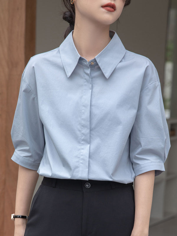 Half Sleeves Loose Buttoned Solid Color Split-Joint Lapel Blouses&Shirts Tops