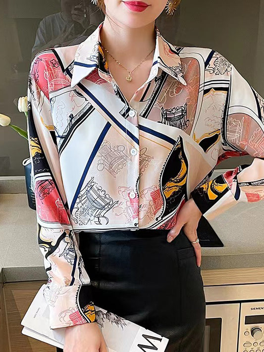 Long Sleeves Loose Buttoned Printed Split-Joint Lapel Blouses&Shirts Tops