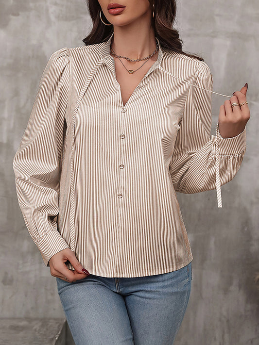 Long Sleeves Loose Buttoned Pleated Striped Tied Mock Neck Blouses&Shirts Tops