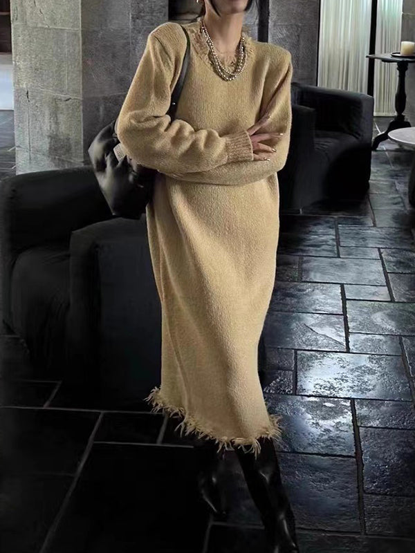 High Waisted Long Sleeves Fringed Solid Color Round-Neck Midi Dresses Sweater Dresses