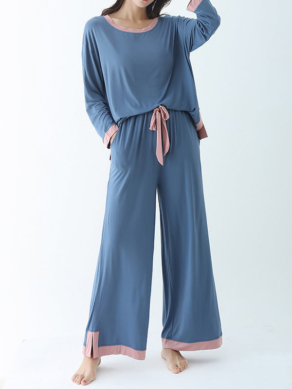Long Sleeves Loose Contrast Color Round-Neck Two Pieces Pajama Set