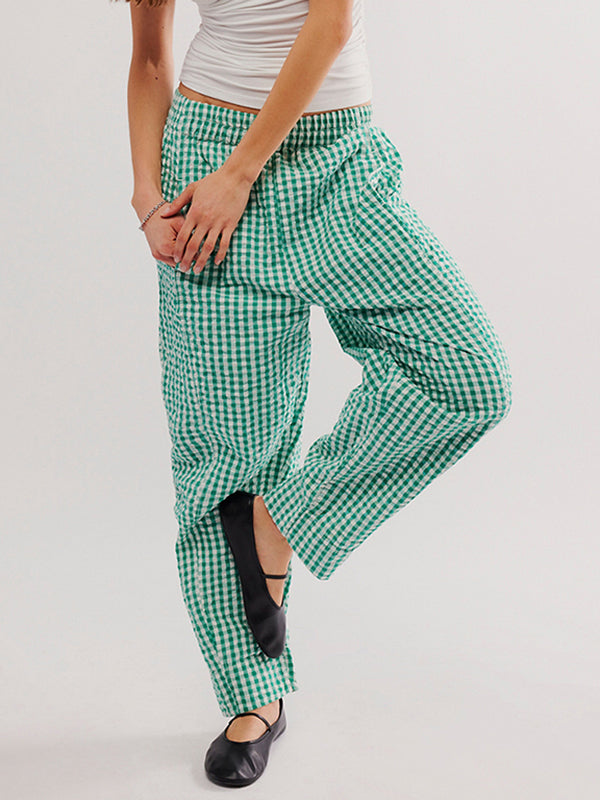 Loose Plaid Pockets Split-Joint Pants Trousers