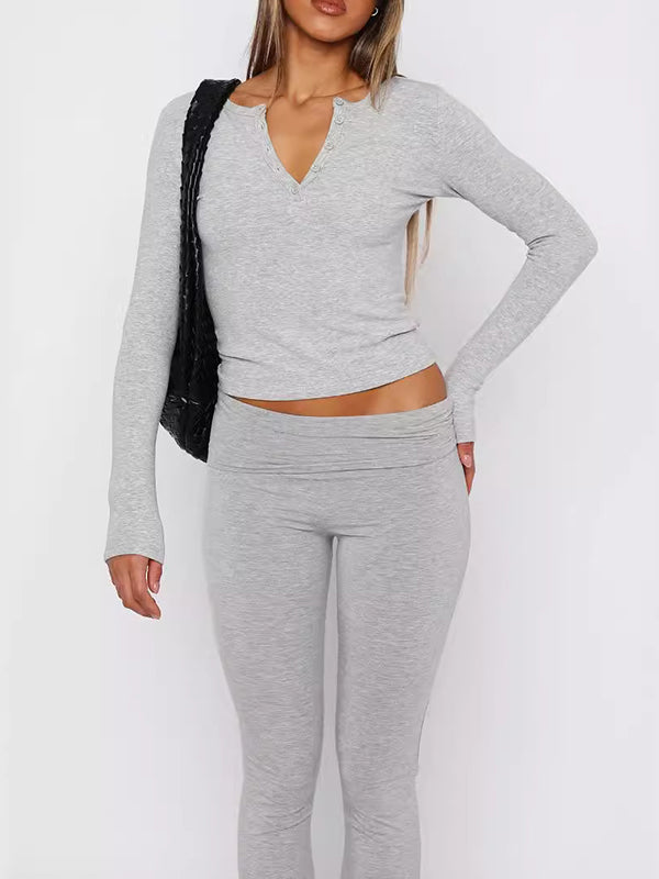 Long Sleeves Skinny Solid Color Split-Joint V-Neck T-Shirts