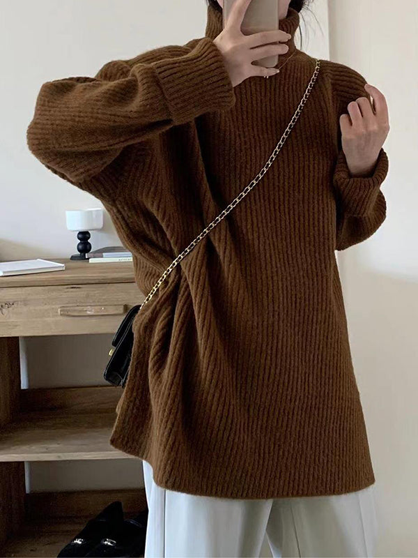 Long Sleeves Loose Solid Color Split-Joint Split-Side High Neck Sweater