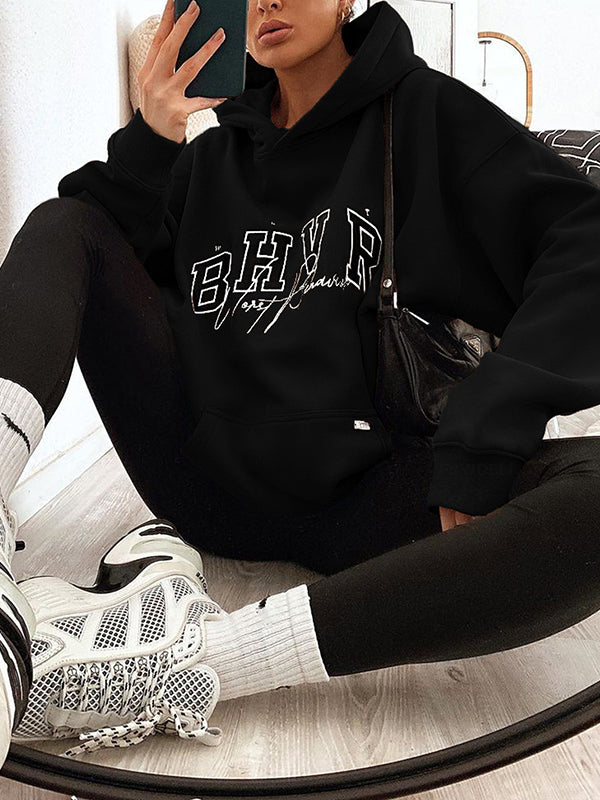 Long Sleeves Loose Keep Warm Letter Print Velvet Hooded Hoodies Tops