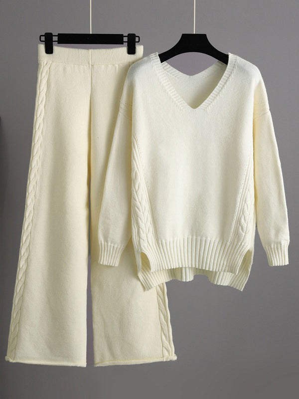 Urban Loose Solid Color V-Neck Sweater Tops& Wide Leg  Pants Suits