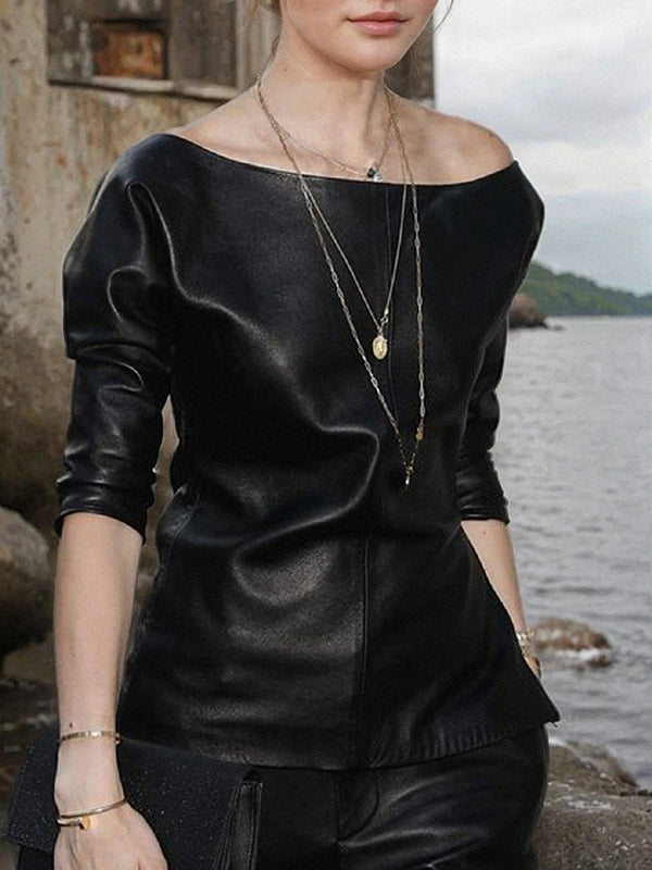 Half Sleeves Loose Solid Color Split-Joint One-Shoulder T-Shirts