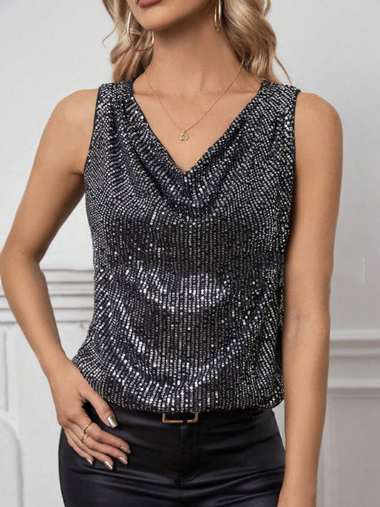 Loose Sleeveless Sequined Shiny Solid Color Split-Joint V-Neck Vest Top