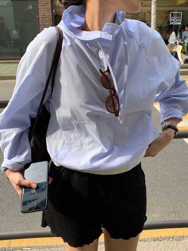 Long Sleeves Loose Drawstring Pockets Striped Sun Protection Stand Collar Outerwear Sweatshirt Tops