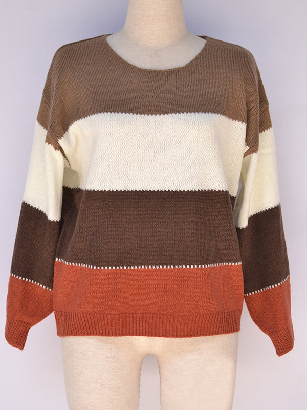 Long Sleeves Loose Contrast Color Split-Joint Striped Round-Neck Pullovers Sweater Tops