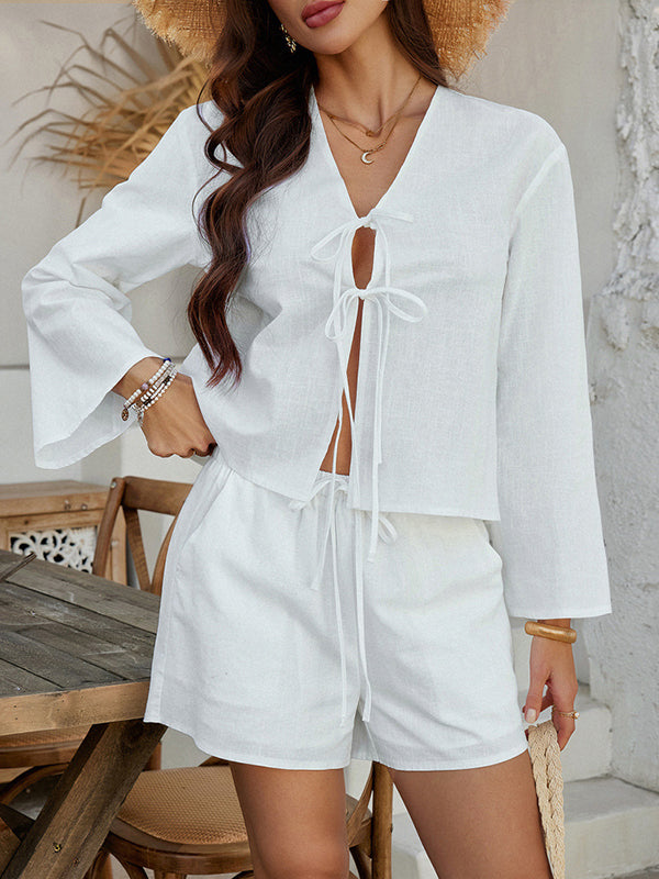 Flared Sleeves Long Sleeves Solid Color Tied V-Neck Blouses&Shirts Tops + Shorts Bottom Two Pieces Set