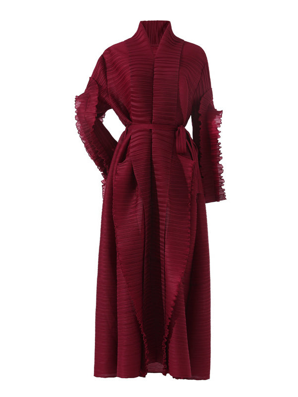 Casual Long Sleeves Loose Tied Pleated Stand Collar Midi Dresses