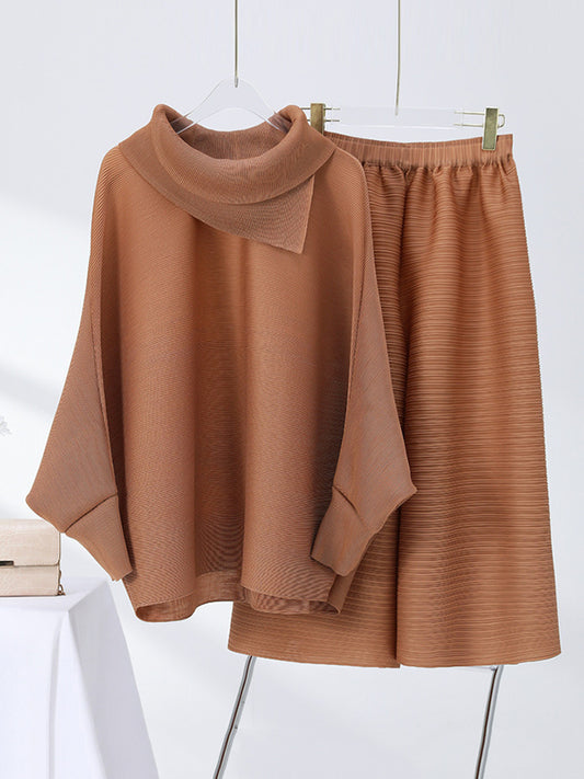 Simple Loose Long Sleeves Pleated Solid Color High-Neck T-Shirt Top&Wide Legs Pants Two Pieces Set