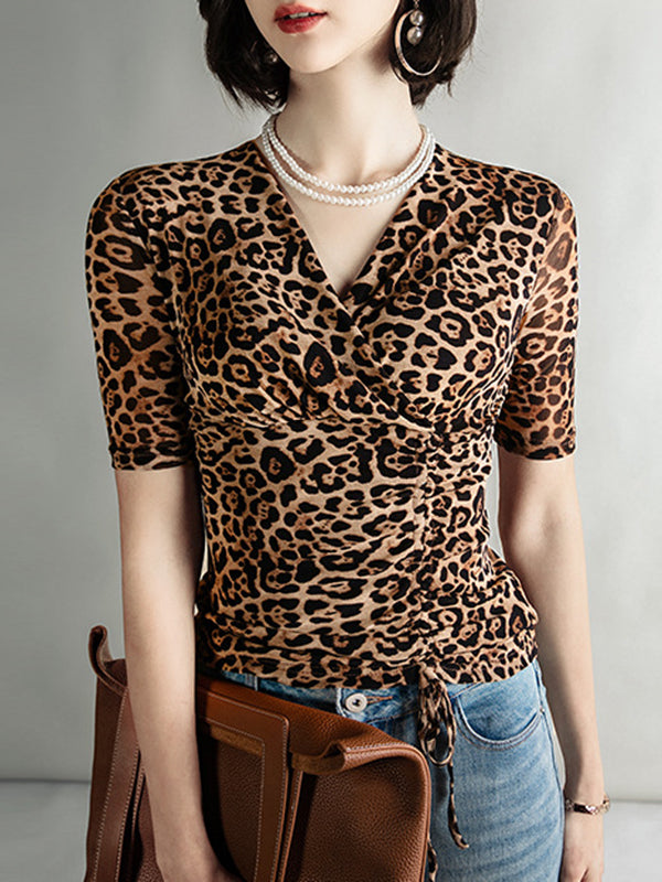 Half Sleeves Skinny Leopard Pleated V-Neck T-Shirts Tops
