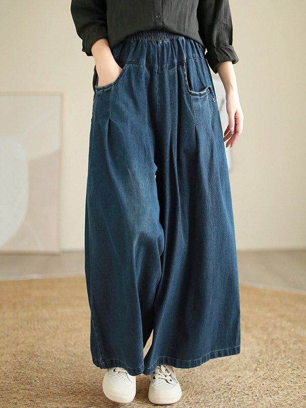 Loose Wide Pants Elasticity Pleated Flared Trousers Jean Pants Bottoms