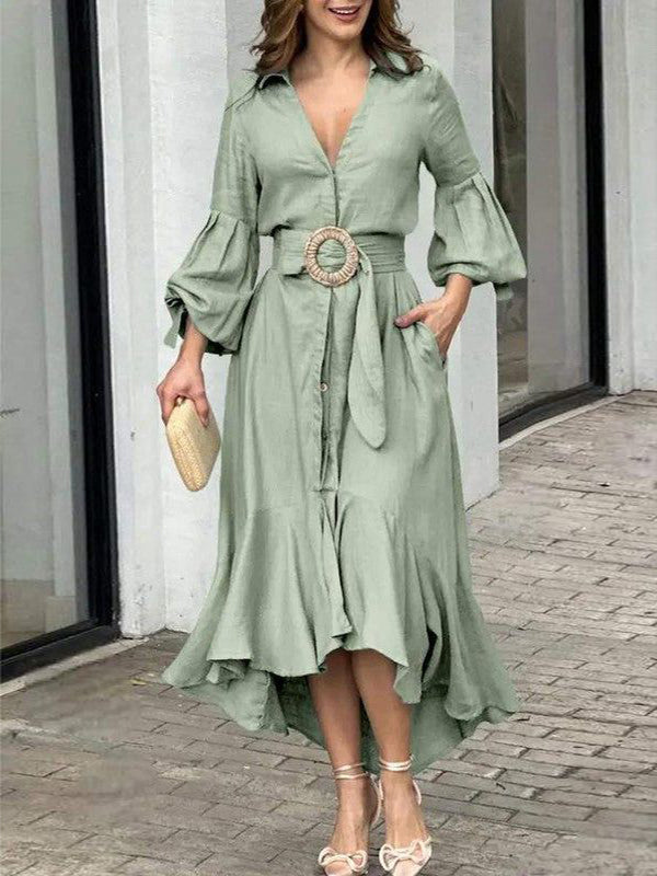 High-Low Puff Sleeves Pleated Solid Color Lapel Collar Maxi Dresses