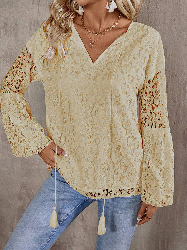 Long Sleeves Loose Elasticity Hollow Solid Color Tasseled V-Neck Blouses&Shirts Tops