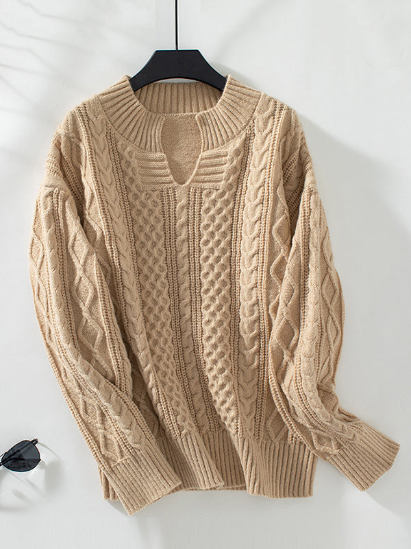 Long Sleeves Loose Solid Color Split-Joint V-Neck Pullovers Sweater Tops