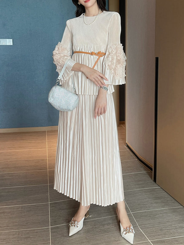 Loose Beaded Belted Pleated Split-Joint Round-Neck T-Shirt Top + Ninth Pants Bottom Two Pieces Set