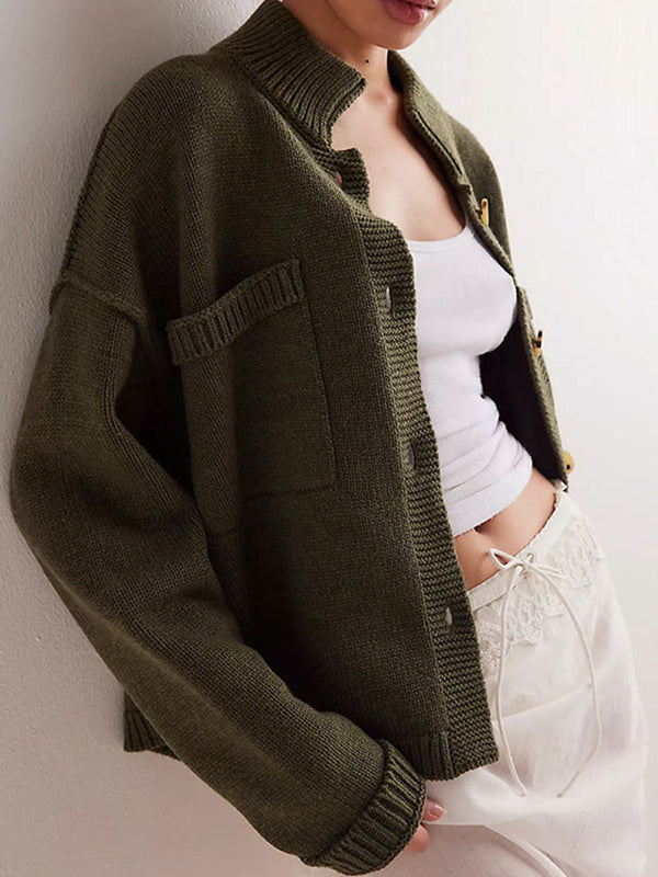 Long Sleeves Loose Buttoned Pockets Solid Color Split-Joint Stand Collar Cardigan Tops