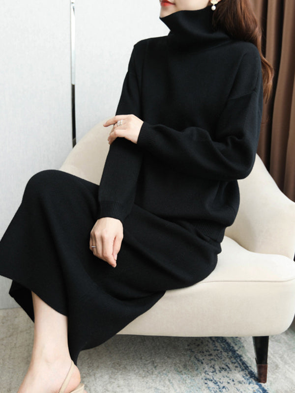 Urban Loose Solid Color High-Neck Sweater Tops & Skirts Bottoms Suits
