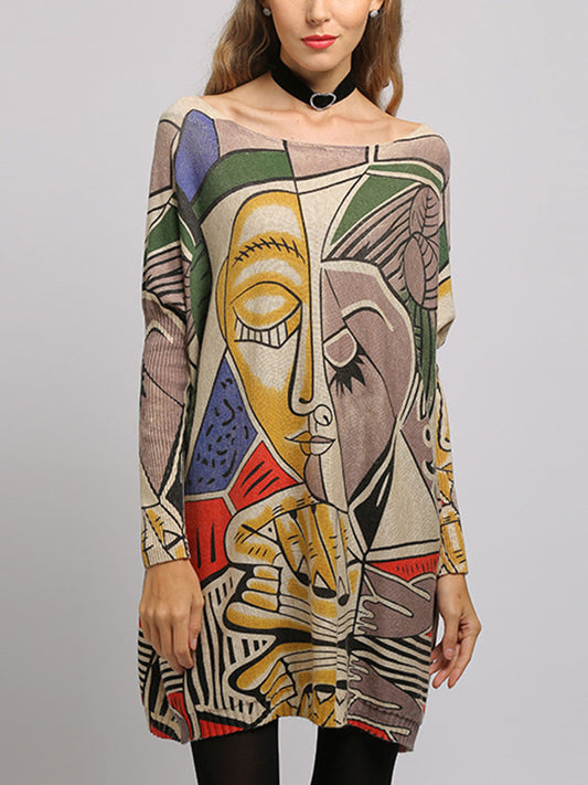 Long Sleeves Loose Figure Printed Boat Neck Knitwear
