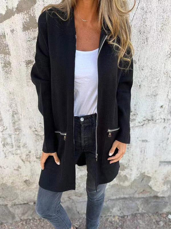 Hooded Long Sleeves Pockets Solid Color Split-Joint Zipper Outerwear