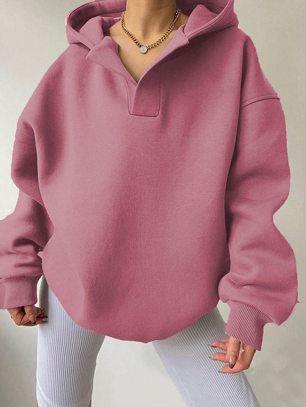 Loose Puff Sleeves Solid Color Split-Joint Hooded Hoodies Tops