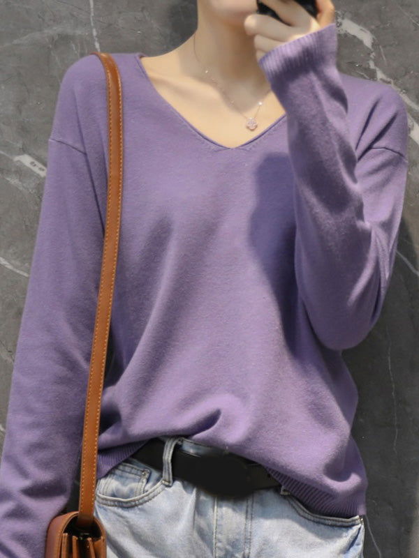 Simple Solid Color V-Neck Long Sleeve Knitwear Tops