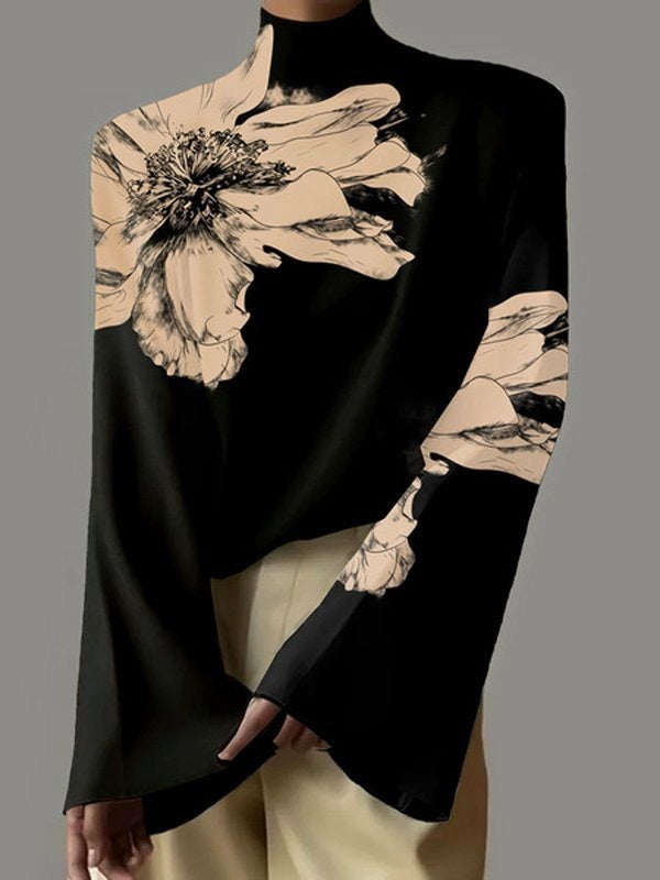 Flared Sleeves Long Sleeves Flower Print High Neck T-Shirts Tops