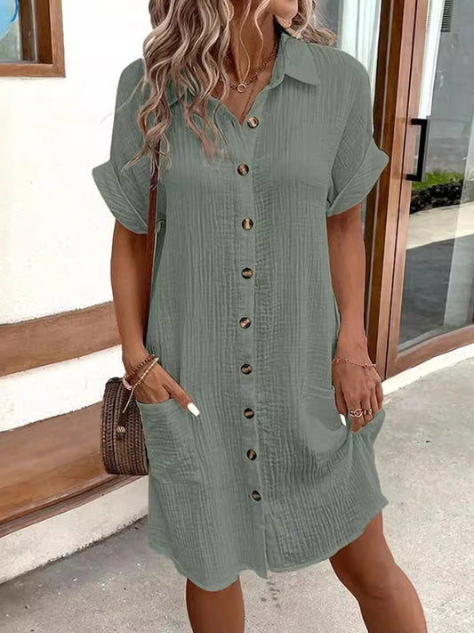 Loose Short Sleeves Pleated Split-Joint Lapel Mini Dresses Shirt Dress