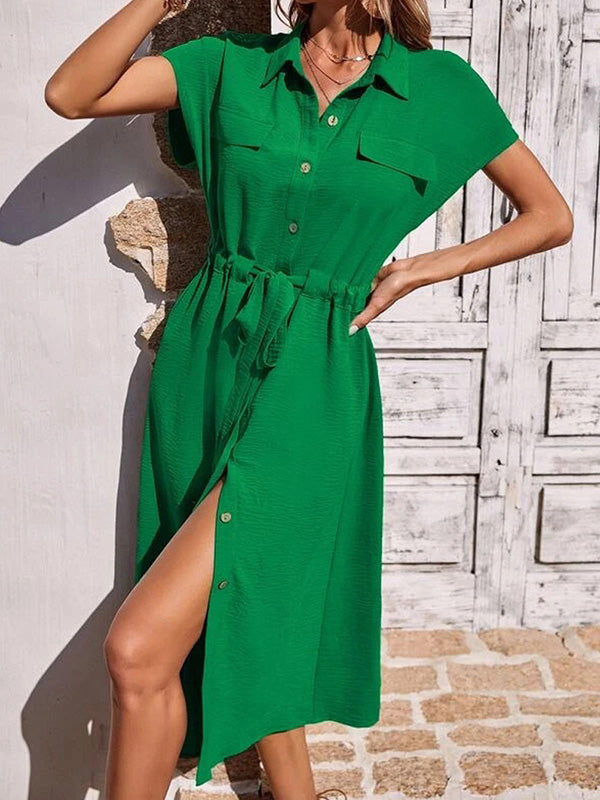 Raglan Sleeve Drawstring Pleated Split-Joint Lapel Midi Dresses Shirt Dress