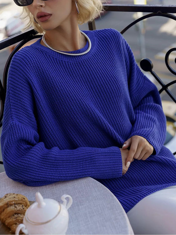 Long Sleeves Loose Solid Color Split-Joint Round-Neck Sweater Tops