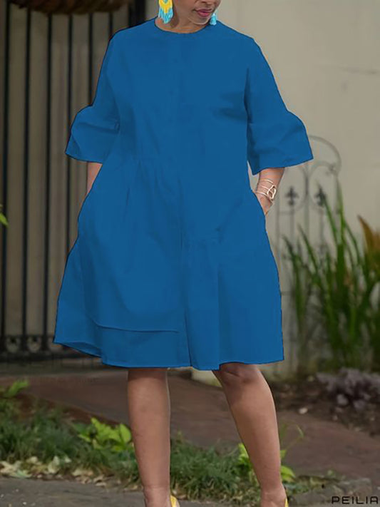 Loose Three-Quarter Sleeves Asymmetric Buttoned Pleated Pockets Solid Color Split-Joint Round-Neck Midi Dresses