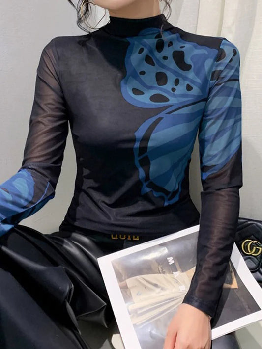 Long Sleeves Skinny Butterfly Print Split-Joint Mock Neck T-Shirts Tops
