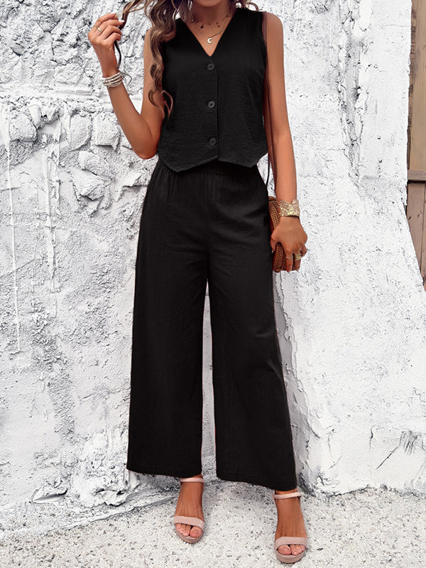 Loose Sleeveless Buttoned Solid Color V-Neck Vest Top + Pockets Elasticity Two Pieces Set