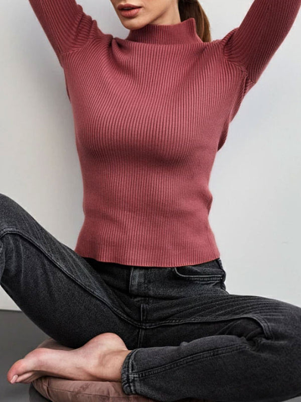 Long Sleeves Skinny Solid Color Split-Joint High Neck Sweater Tops