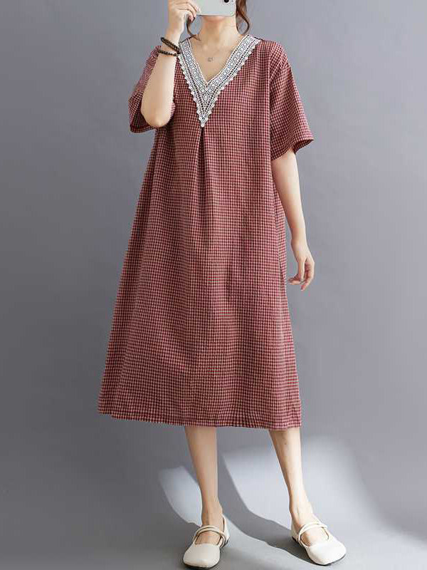 A-Line Half Sleeves Plaid Pleated Split-Joint V-Neck Midi Dresses