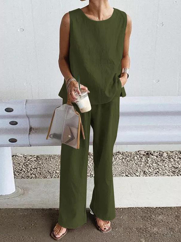 Loose Sleeveless Solid Color Split-Side Round-Neck Vest Top + Pockets Pants Bottom Two Pieces Set
