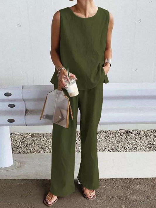 Loose Sleeveless Solid Color Split-Side Round-Neck Vest Top + Pockets Pants Bottom Two Pieces Set