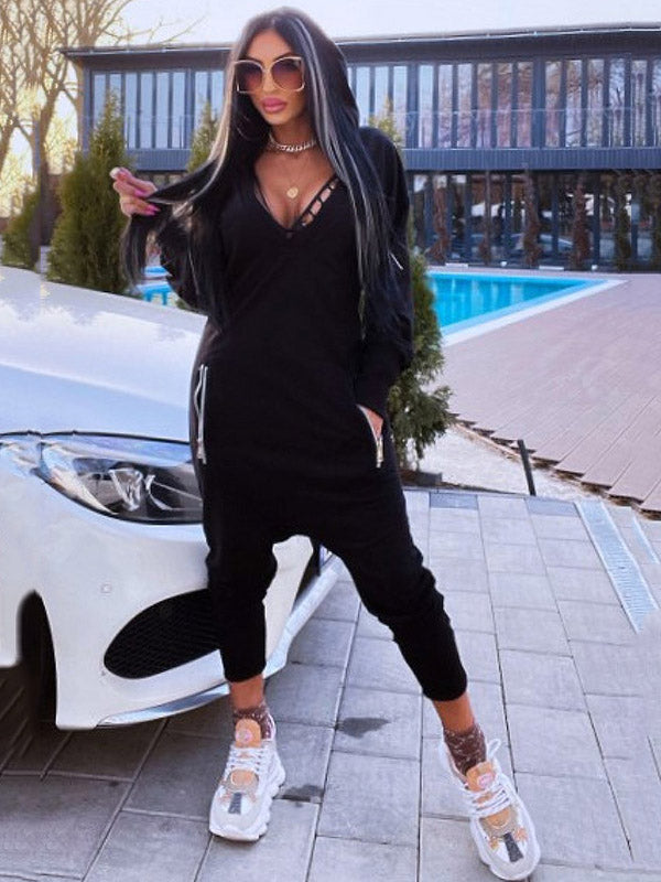 V-Neck Hollow Hooded Pocket Long Sleeve  Athletic Jumpsuit