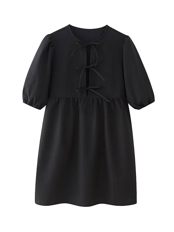 Loose Puff Sleeves Elasticity Hollow Lace-Up Pleated Split-Joint Round-Neck Blouses&Shirts Tops