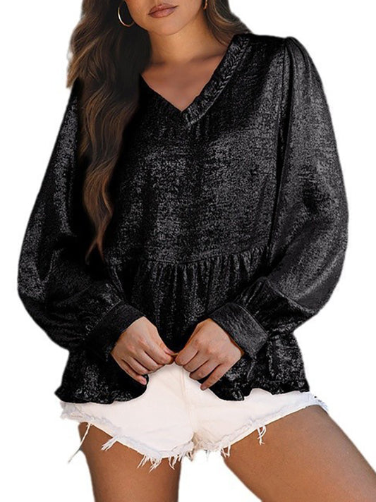 Long Sleeves Loose Pleated Shiny Solid Color V-Neck Blouses&Shirts Tops