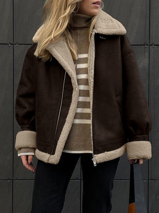 Long Sleeves Loose Keep Warm Velvet Zipper Lapel Jackets Outerwear