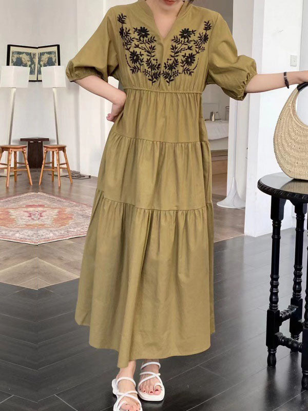 Bishop Sleeve Loose Embroidered Pleated V-Neck Midi Dresses