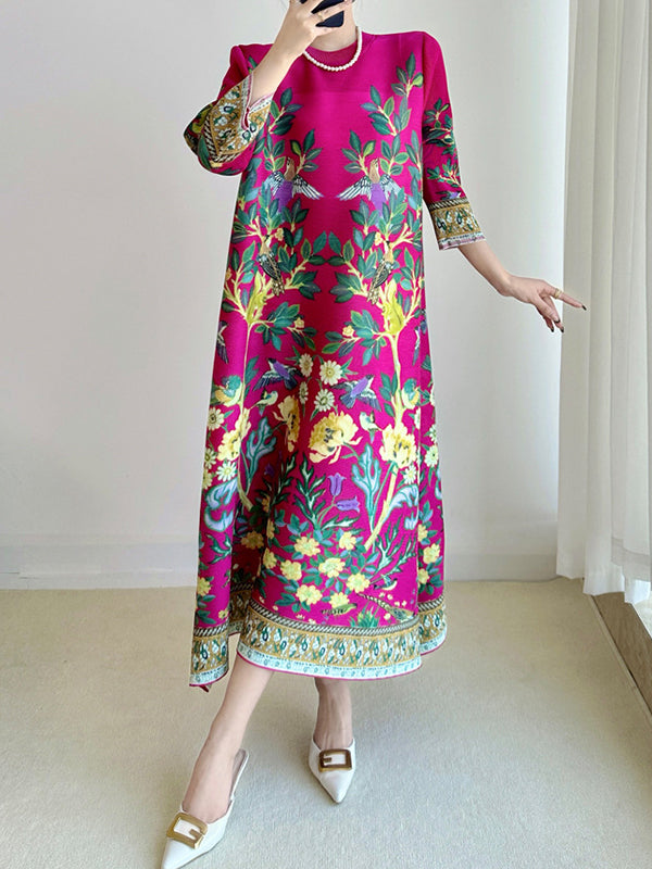 A-Line Loose Flower Print Pleated Round-Neck Midi Dresses